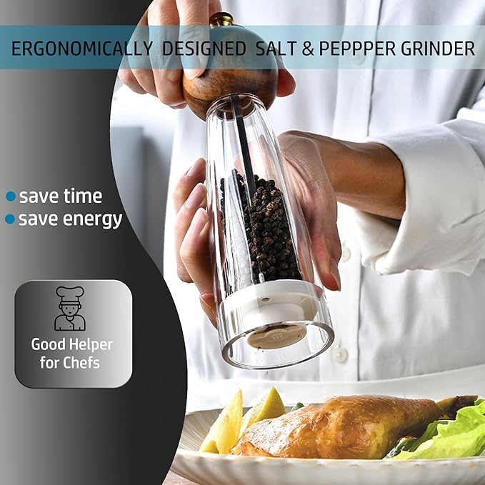 Pepper Mill Manual Salt and Pepper Grinder Set, Classic Transparent Pepper Grinder Salt Mills 2pcs 8in竊똕olid Wood Hand Shaker Rotor Pepper Salt Grinder Ceramic Core Adjustable Coarseness Spices