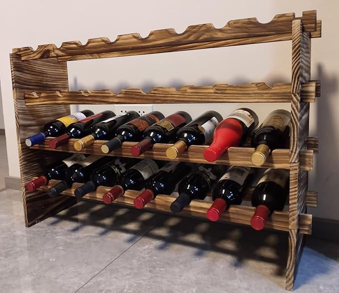 32-Bottle 4-Tier Stackable Wine Rack ??Freestanding Carbonized Pine Organizer for Home Bar, Kitchen, Countertop, Modular DIY Design