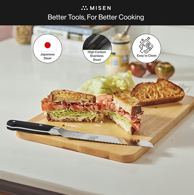 Misen Serrated Bread Knife ??High-Carbon Japanese AUS8 Steel ??Effortless Slicing of Bread, Pastries, and Fruits ??Razor-Sharp Edge and Durable Blade with Ergonomic Handle - 10", Gray
