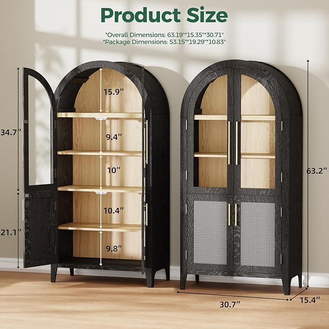 63??Arched Kitchen Pantry Cabinet ??5-Tier Modern Farmhouse Storage Cabinet w/Glass & Fluted Doors, Adjustable Shelves for Kitchen, Living Room, Entry, Office, Engineered Wood, Black