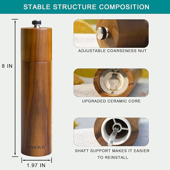 Wooden Salt and Pepper Grinder,8 Inch Manual Salt and Pepper Mill, Adjustable Coarseness and Refillable,Acacia Wood Pepper shakers for your kitchen