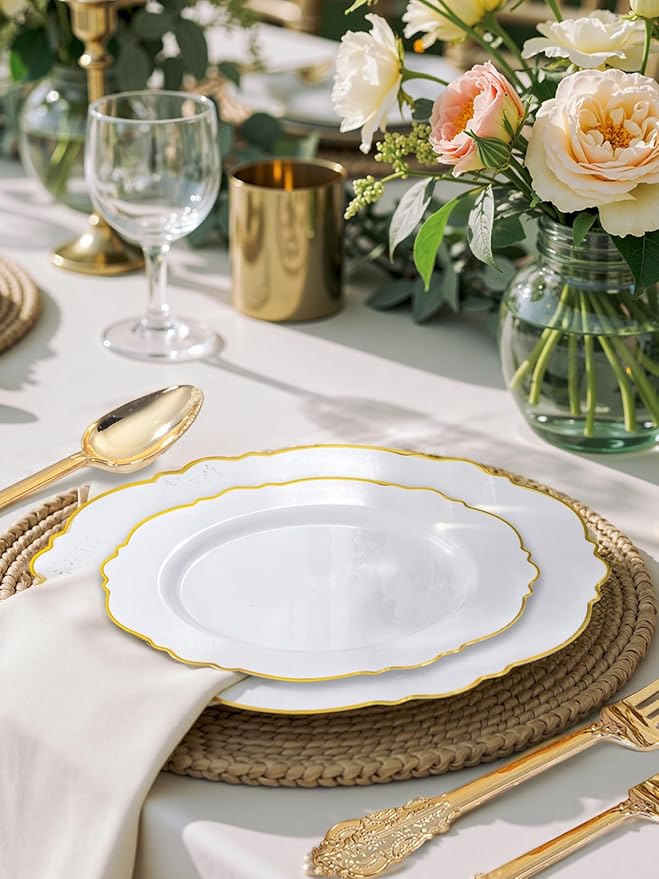 WDF 60pcs Gold Dessert Plates-7.5inch Baroque White and Gold Small Plastic Plates/Disposable Dessert/Salad/Appetizer Plastic Plate for Upscale Valentine's Day/Wedding/Birthday