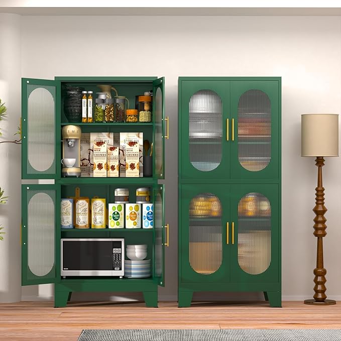 Pantry Storage Cabinet, 61" Pantry Cabinets with Acrylic Glass Doors and Adjustable Shelves, Metal Kitchen Storage Cabinet for Kitchen, Living Room, Laundry Room and Dinning Room（Green）
