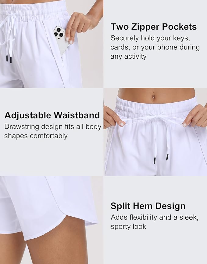 Women's 5" Running Shorts Quick Dry Sporty Athletic Gym Workout Shorts with Zipper Pockets Liner
