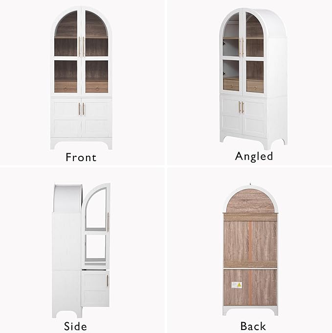 GDFStudio Mariah 71" Tall Arched Kitchen Pantry Cabinet with Hidden Drawer, Glass Door & Adjustable Shelves, Farmhouse Storage Cabinet Cupboard for Kitchen Dining Room, Home Pantry Storage, White
