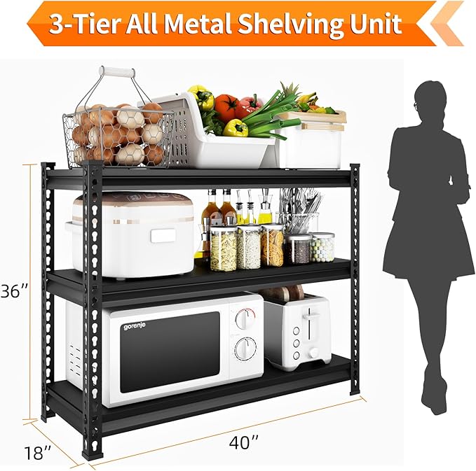 3-Tier Garage Shelving Heavy Duty,40?쓂 x 18?쒭 x 36?쒱 Metal Shelving Unit竊?320 lbs Weight Capacity Adjustable Storage Shelves for Retiple Tanks, Aquariums, Pantry, Garage竊똁lack