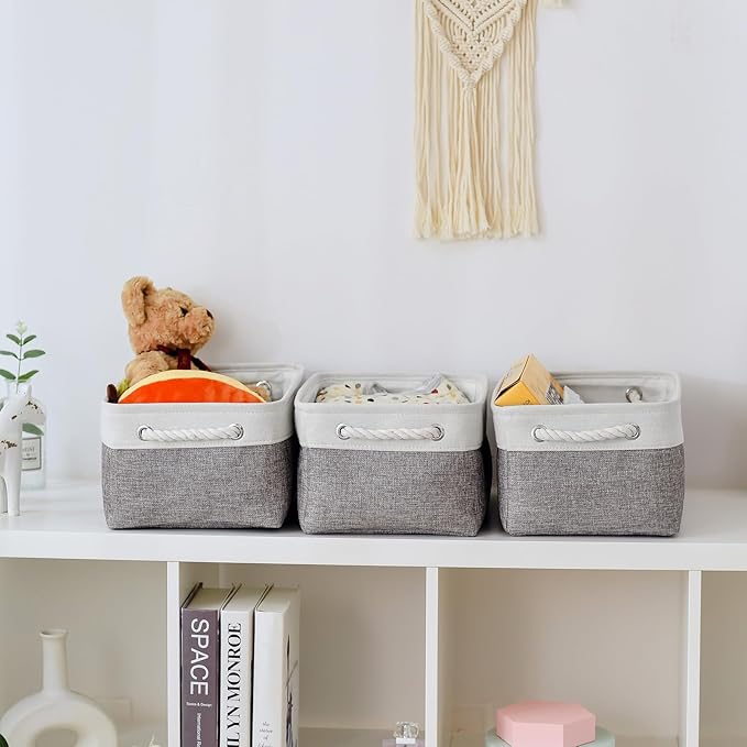 TheWarmHome Storage Bins for Shelves - 13.8L횞9.8W횞6.7H inch 3 Pack Medium Collapsible Storage Baskets for Organizing | Fabric Storage Cubes for Linen Closet Toy Home (White&Grey)