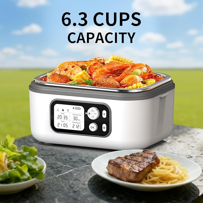 EDCREATY Cordless Electric Heated Lunch Box, 1.5L 6.3Cups 24000mAh Rechargeable Battery Self-Heating Lunch Box, Smart Timer, Even Heating, 100W Portable Food Warmer for Office, Picnic, Car, Outdoor