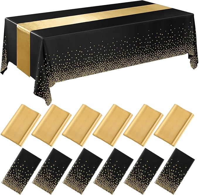 Tudomro 12 Pcs Black and Gold Disposable Plastic Tablecloths and Satin Table Runner Set 54x108 Inch Tablecloth 12x108 Inch Table Runners for New Year Wedding Birthday Baby Shower Graduation