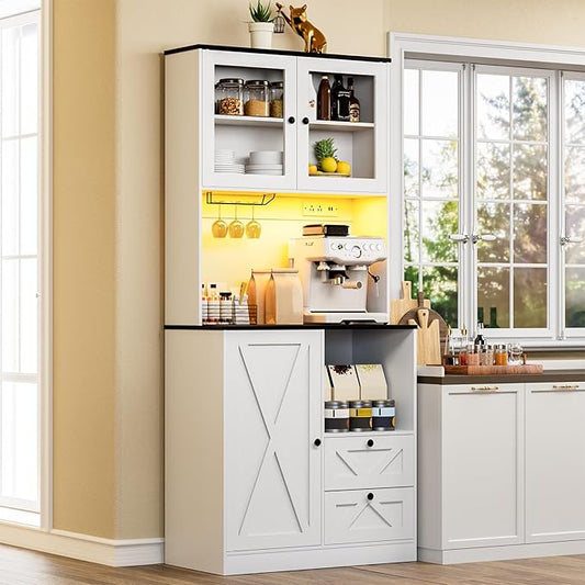 71?섃셁itchen Pantry Storage Cabinet with LED Lights and Power Outlet, Tall Farmhouse Kitchen Hutch with Microwave Stand,Globet Hooks and Adjustable Shelf for Dining Living Room,White