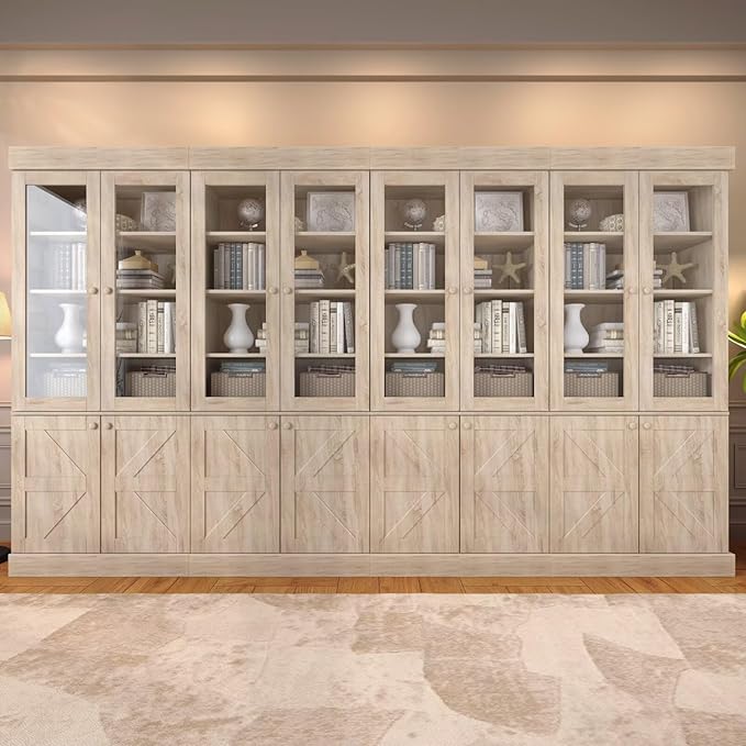 71" Tall Kitchen Pantry Cabinet, Rustic Farmhouse Storage Hutch with Glass Doors & Adjustable Shelves, Freestanding Wood Buffet Cabinet for Dining Room, Living Room, Brown (Set of 4)