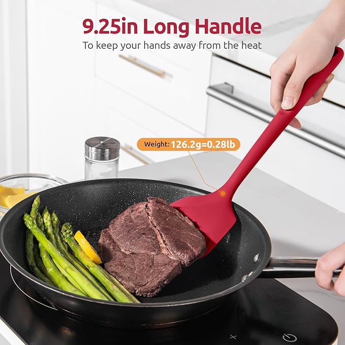 600쨘F Heat Resistant Silicone Turner: U-Taste 13.6in Long Solid & Slotted Thick Kitchen Spatula Flipper, Large Flexible Cooking Utensil for Flipping Egg, Pancake in Nonstick Cookware (Rose Red, 2PCS)