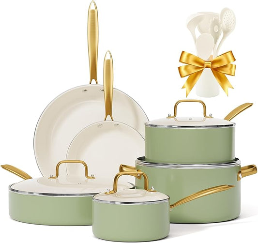 Pots and Pans Set Non Stick - VONIKI Ceramic Cookware Set with Cooking Utensils Set, Non Toxic Kitchen Cookware Sets Dutch Oven Pot with Lid Saucepan Set Saut챕 Pan Frying Pan Set for Cooking Gifts