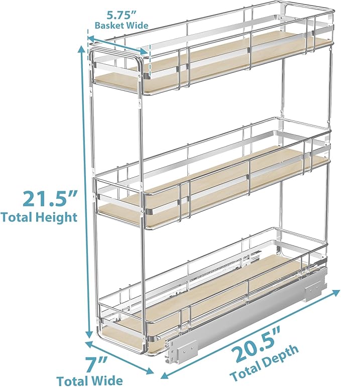 Pull Out Spice Rack Cabinet Organizer 7" W x 20쩍" D, 3 Tier Heavy Duty Slide Out Wood Shelf for Narrow Cabinet, Pull Out Storage for Kitchen
