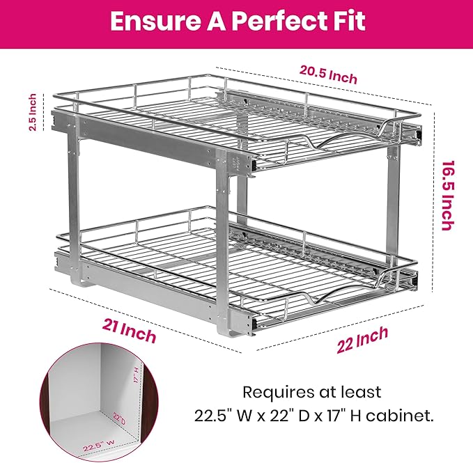 HOLDN??STORAGE Two Tier Pull Out Cabinet Organizer, Individual Sliding Drawers - Heavy Duty Metal with Lifetime Limited Warranty - Anti Rust Chrome Finish - 22" W x 21?쒭 x 16.5" H