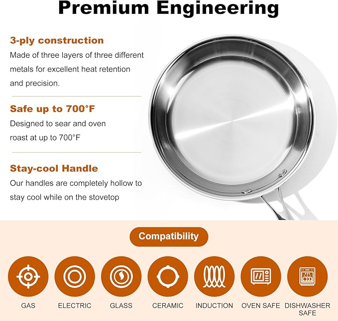 Stainless Steel Pan竊똍on-Toxic PFAS, PFOA & PTFE Free, Compatible With All Cooktops & Induction Safe, Oven Safe Pan for Searing & Saut챕ing, Long Lasting Cookware. (8.6 Inch)