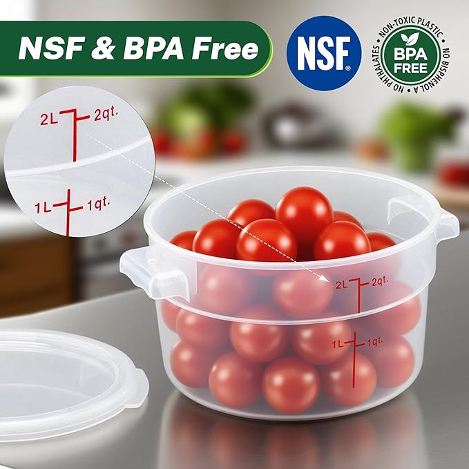 Round Food Storage Container with Lid, 2 Qt Translucent, Commercial 4 Pack of ??NSF Listed, BPA-Free, Polypropylene, Non-Stick, Scale, with Labels & Measuring Cups
