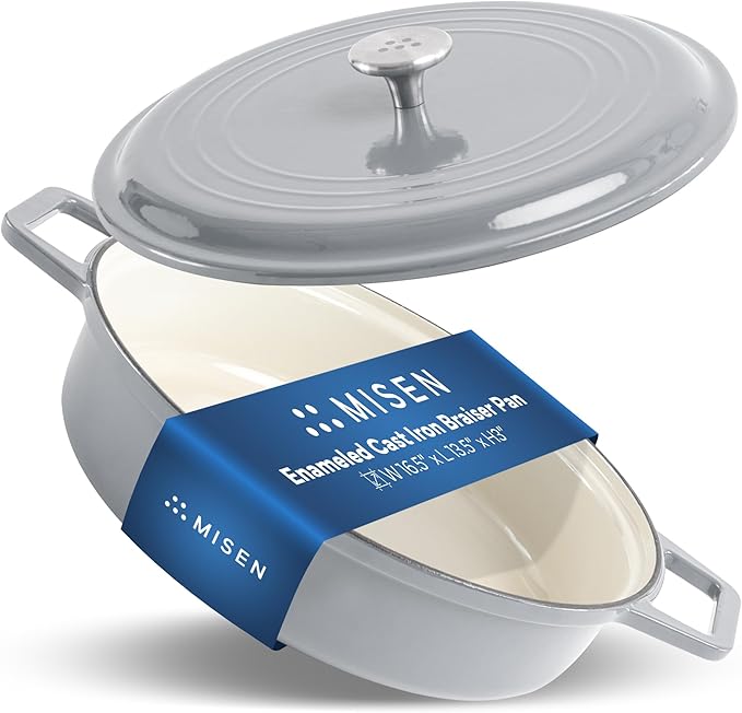 Misen 5.5 QT Braiser ??Enameled Cast Iron Pan for Searing, Braising & Slow Cooking ??No-Chip Enamel Coating ??Extra-Wide Handles ??Superior Heat Retention & Even Cooking - Gray