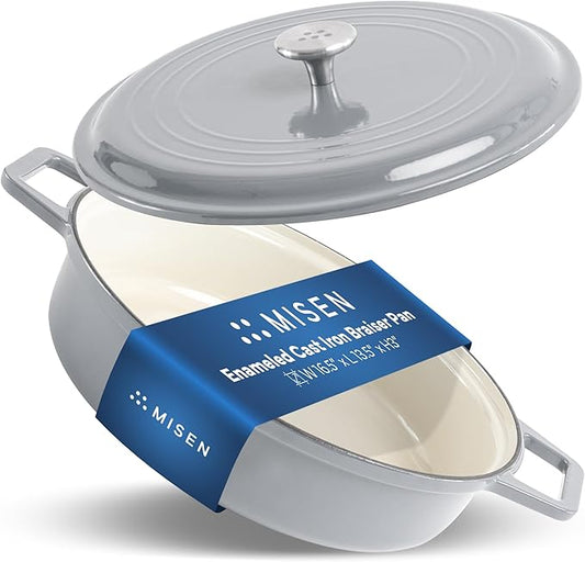 Misen 5.5 QT Braiser ??Enameled Cast Iron Pan for Searing, Braising & Slow Cooking ??No-Chip Enamel Coating ??Extra-Wide Handles ??Superior Heat Retention & Even Cooking - Gray