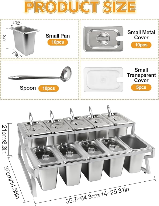 Lanstics 10 Pans Pizza Topping Station 2 Row Adjustable Pizza Storage Container Topping containers with Lids Condiment Organizers Buffet Containers Set for Restaurant Pizza Sauce Jam Fruit Ingredient
