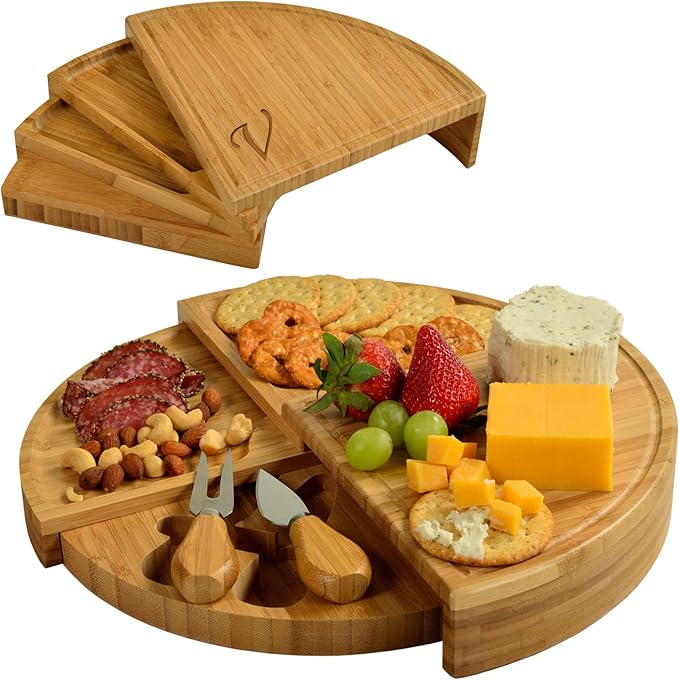 Picnic at Ascot Patented Personalized Monogrammed Engraved Bamboo Cheese/Charcuterie Board with Cheese Knives- Designed & Quality Checked in The USA
