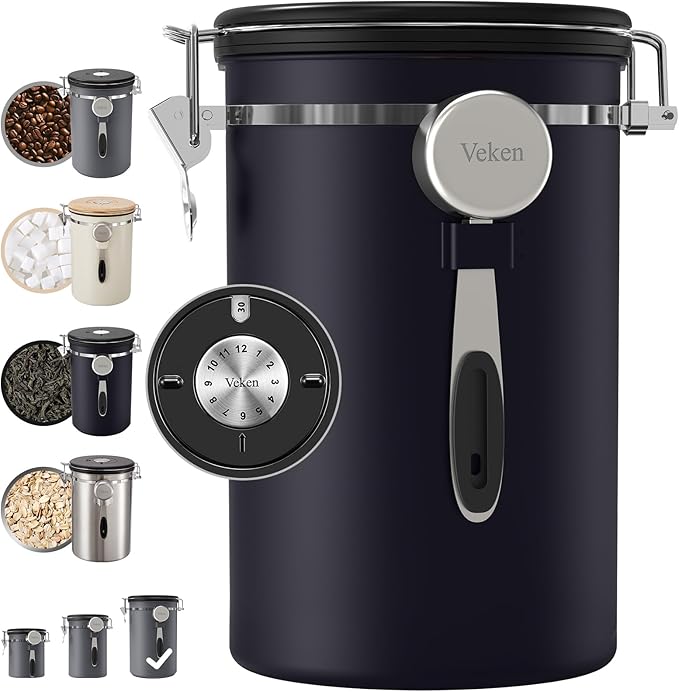 Veken Coffee Canister, 39OZ Large Christmas Coffee Lovers Gift Basket Set,Airtight Stainless Steel Food Storage Kitchen Container Gifts for 2.2lbs Beans, Ground, Sugar, Tea, Flour, Cereal,Scoop,Black