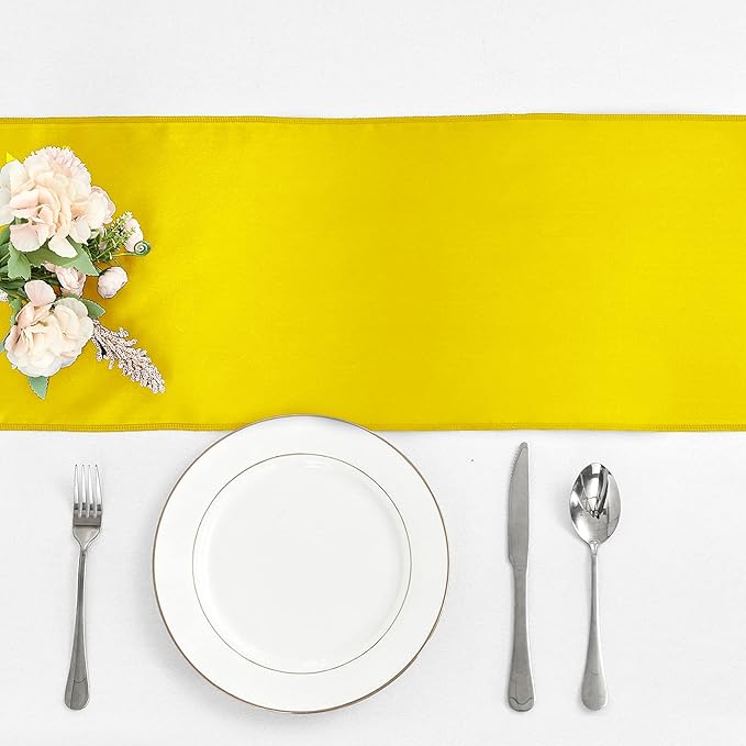 10-Pack Yellow Satin Table Runner 12 x 108 Inch Long Bright and Smooth Silk Fabric Table Runner for Wedding Banquet Birthday Party Decoration