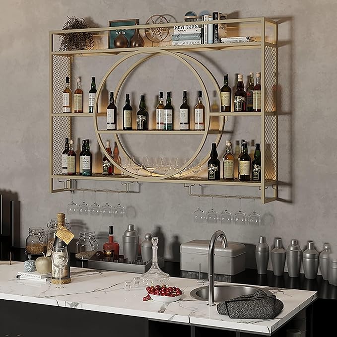 Modern Wine Storage Rack Wall Mounted With LED Light With Wine Glass Holder,Iron Bar Liquor Shelf,Floating Wall Wine Shelves,Bar Liquor Bottle Display Shelf For Kitchen Bar Decoration Gold/Black ( Col