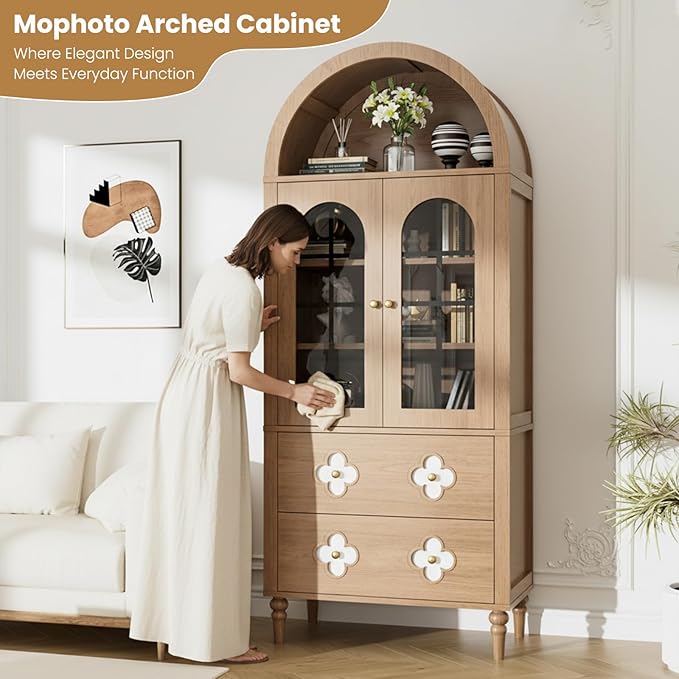 MOPHOTO Arched Cabinet, 71 in Arched Cabinet with Glass Doors, Modern Versatile Pantry Storage Cabinet with 2 Large Drawers for Living Room, Kitchen, Dining Room