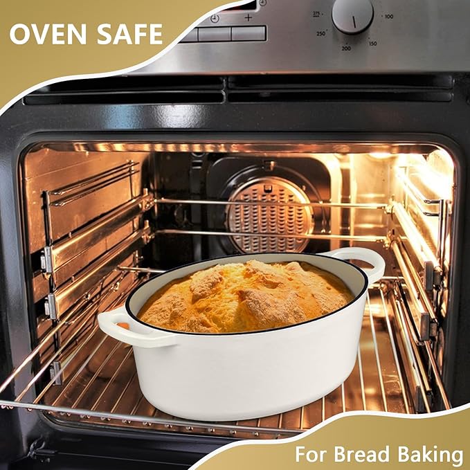 P&P CHEF Oval Dutch Oven with Lid, Enameled Cast Dutch Oven Pot for Bread Baking, Braising, Stewing, Roasting, Non-Stick & Oven Safe, Dual Handles & Easy Clean, 5QT & White
