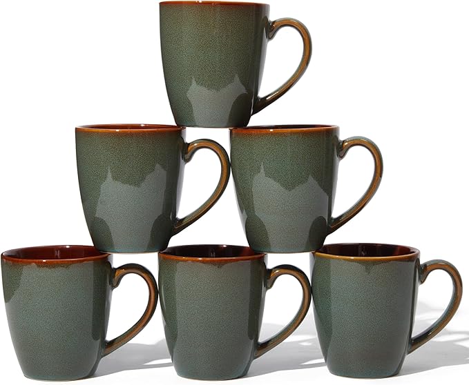 Coffee Mug 14 oz, Ceramic Coffee Mugs Set of 6, Reactive Glaze Mug for Latte/Tea/Cappuccino, Large Stackable Mug Set for Men, Women, Dad, Mom, Dishwasher & Microwave Safe, Brown Green