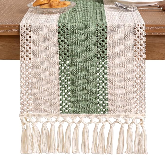 Socomi Sage Green Boho Table Runner Valentine's Day Farmhouse Rustic Dining Kitchen Centerpiece Decor Small Macrame Woven Cotton Linen Coffee Table Runner for Dresser Scarf Home Decor 12x72 inch