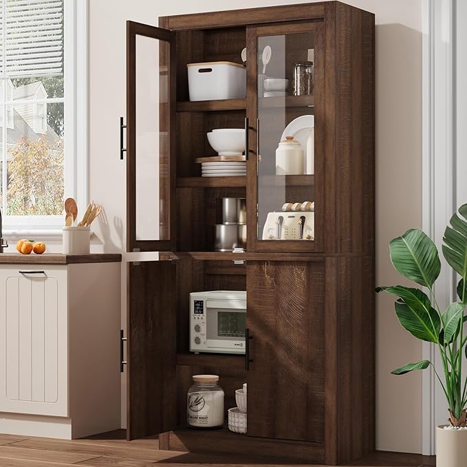Tall Farmhouse Kitchen Pantry Cabinet, Wood Cabinet with 4 Doors & Adjustable Shelves, Sturdy Frame, Anti-Tip Design, Bookcase for Kitchen/Dining/Office, 70.45 Inches, Walnut