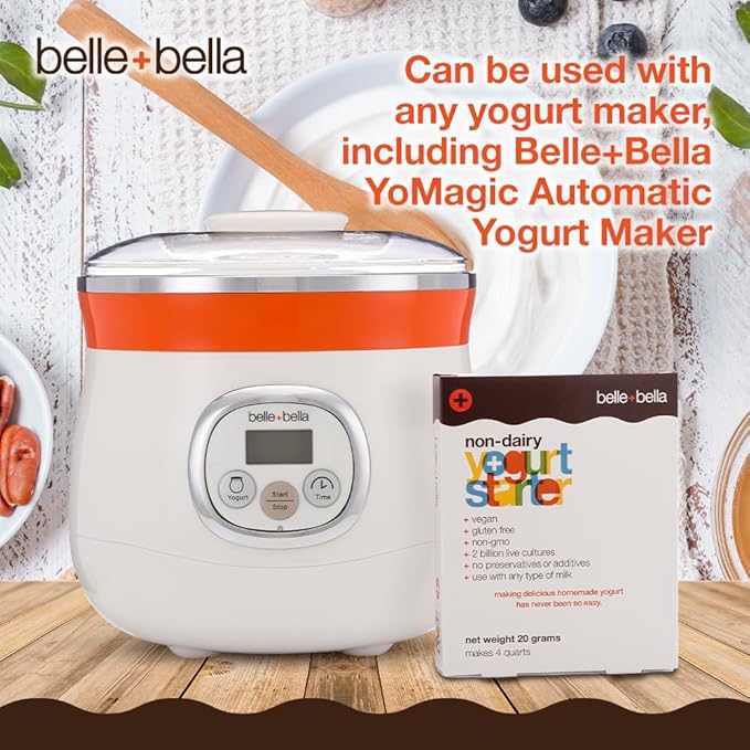 Belle + Bella Non-Dairy Vegan Yogurt Starter - Gluten Free, No Added Sugar, Non GMO - Makes 12 Quarts Vegan Yogurt - 2 Billion Live Cultures - Mix with Any Dairy Free or Dairy Milk - 3 Boxes