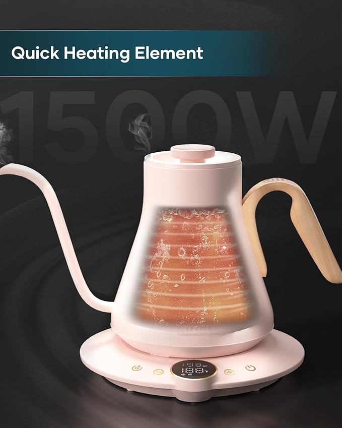 Gooseneck Electric Kettle with 짹1??Temperature Control for Pour Over Coffee & Tea, Quick Heating, BPA-Free Stainless Steel, Built-in Brew Timer, 1500W/0.9L (Munch Pink)
