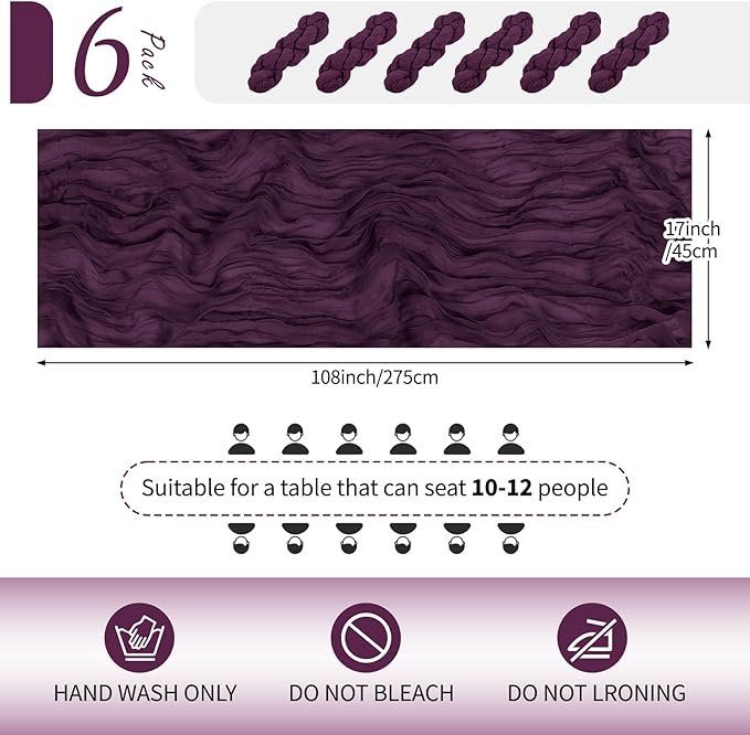 RealBox 6 Pack Dark Purple Cheesecloth Table Runner 17x108 Inch Semi Sheer Boho Gauze Cheese Cloth Fabric Table Runners Table Decor for Wedding Party Baby Shower Birthday Home Decor Garden Farmhouse