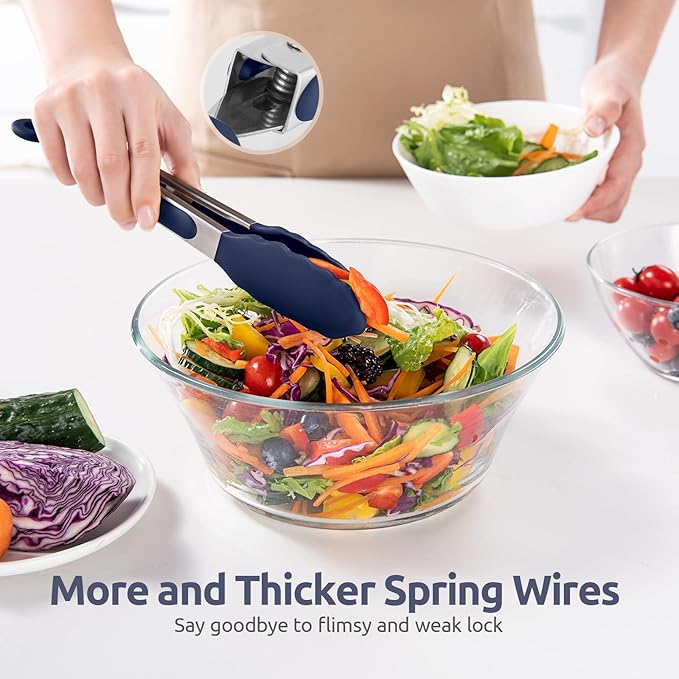 600쨘F Heat Resistant Kitchen Tongs: U-Taste 9 in Silicone Cooking Tong with Firm Sealed Non Stick Rubber Tips & Silicon Coated 18/8 Stainless Steel Handle & Smooth Lock for Serving Grill-Midnight Blue