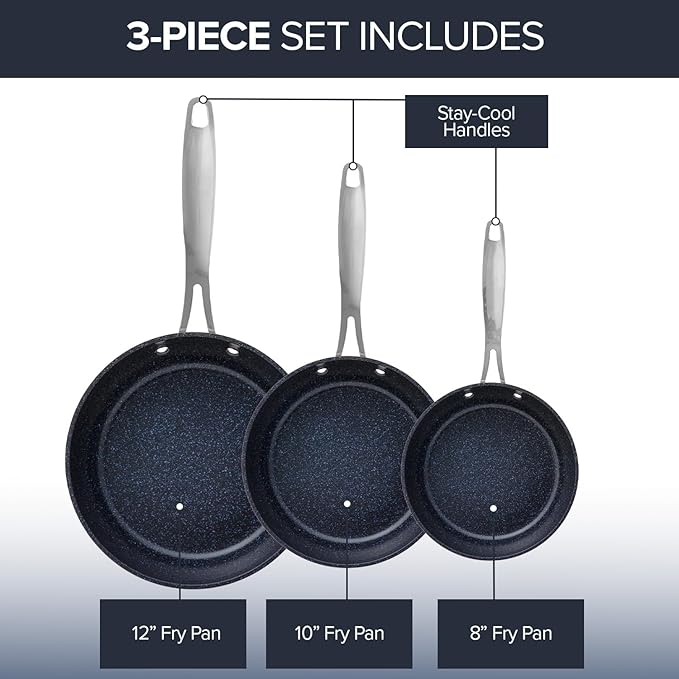 Nuwave 3-Piece Fry Pan Set, 8?? 10?? 12??Forged Lightweight, G10 Healthy Duralon Blue Ceramic Ultra Non-Stick, Induction-Ready & Works on All Cooktops, Ergonomic Stay-Cool Handles