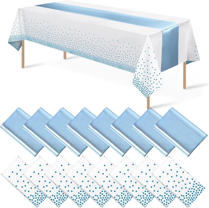 16Pack Disposable Plastic Tablecloths and Satin Table Runner Set White and Light Blue Dot Tablecloth Blue Satin Table Runner for Wedding Birthday Baby Shower Anniversary Engagement Xmas Party Supplies