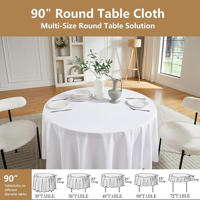 ITWMTTO 6-Pack White Round Tablecloth 90 Inch - Polyester Fabric Table Cloth Round Table Cover for Round Tables - Reusable & Washable