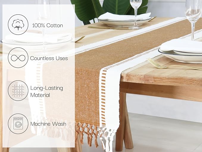 PurpleEssences Table Runner - Wide with Dobby Stripe, Heavy Ribbed Weave & Double Knot Fringes, 14x72 Inch (14x77.5 with Fringes) Farmhouse Decor -Christmas Holiday Winter- Nut Brown and H.White