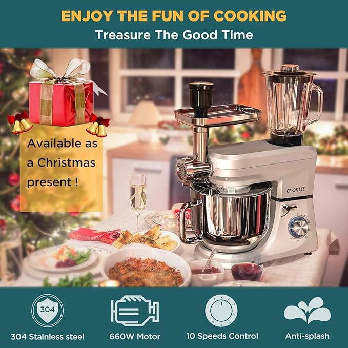 COOKLEE 6-IN-1 Stand Mixer, 8.5 Qt. Multifunctional Electric Kitchen Mixer with 9 Accessories for Most Home Cooks (silver)