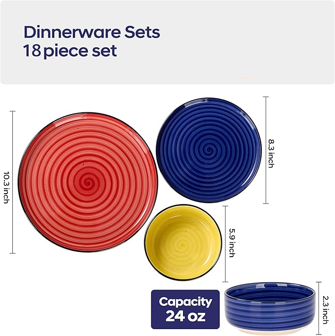 Alntlsiss Bonita Dinnerware Sets 18 Pieces, Blue Stoneware Dishes Set for 6, Plates Set and Bowls Sets, Dishwasher and Microwave Safe (Vibrant 18, large)