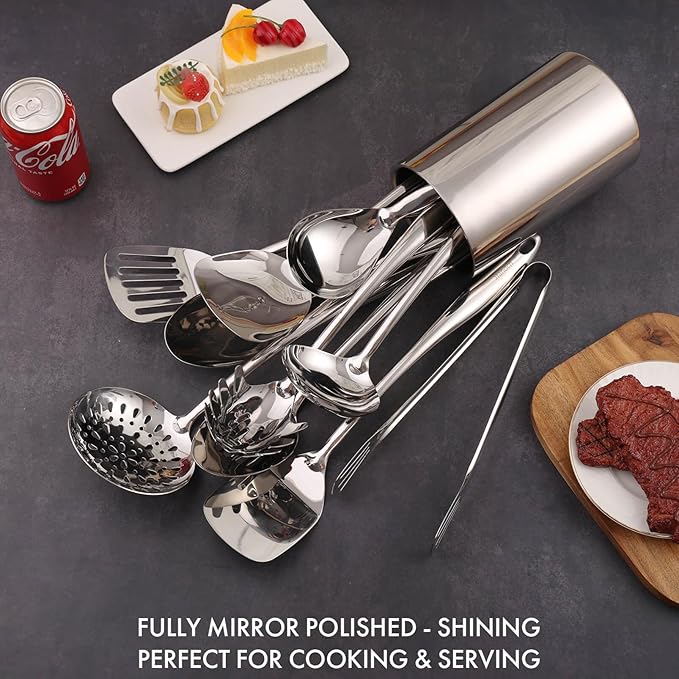 18/10 Stainless Steel Kitchen Utensils Set with Holder - 15??Spatula Spoon Set with Storage Organizer for Countertop, Fork, Tongs, Spatula, Ladle, Skimmer, Turner, Spaghetti, Large Spoon Set of 12