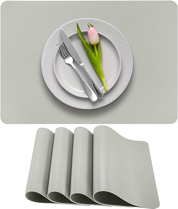 More D챕cor Faux Leather Placemats Set of 4 for Dining Table ??Waterproof, Wipeable, Washable, Stain & Heat Resistant, Non-Slip Table Mats ??12 X 17 Inch, (Solid Silver 4)