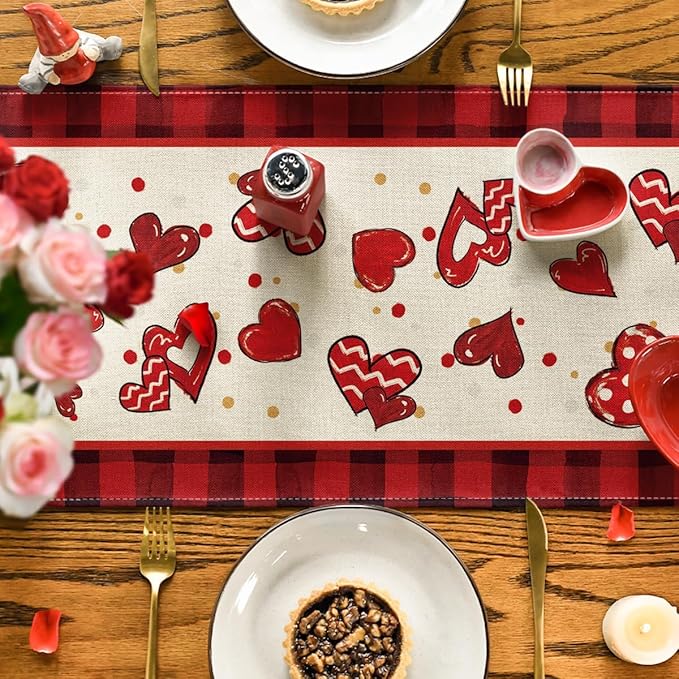 Artoid Mode Red Buffalo Plaid Heart Bow Tie Valentine's Table Runner, Seasonal Kitchen Dining Table Decoration for Home Party Decor 13x72 Inch