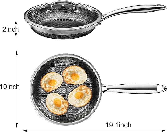 Fogdream 10??Non Stick Frying Pans, Stainless Steel Skillet with Lid, Tri-Ply Stainless Steel for All Cooktops, Dishwasher and Oven-Safe Cooking Pan, Stay-Cool Handle, Silver