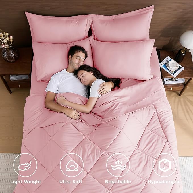 HEVUMYI Pink King Comforter Set - 7-Piece All Season Bed in a Bag King, Ultra Soft Bedding Set with Comforter, Flat Sheet, Fitted Sheet, Pillowcases, Pillow Shams, Pink