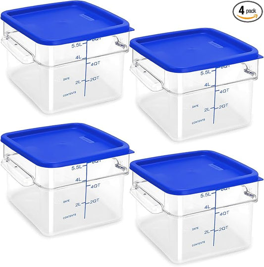 4 Pack Food Storage Containers with Blue Lids, 6.0 Qt - Square, Clear, Polycarbonate, for Restaurant Commercial Kitchen and Home party