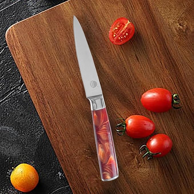 Professional 2-Piece Kitchen Knife Set, Nakiri and Paring Knives, Stainless Steel with Red Marbled Handle (Red)